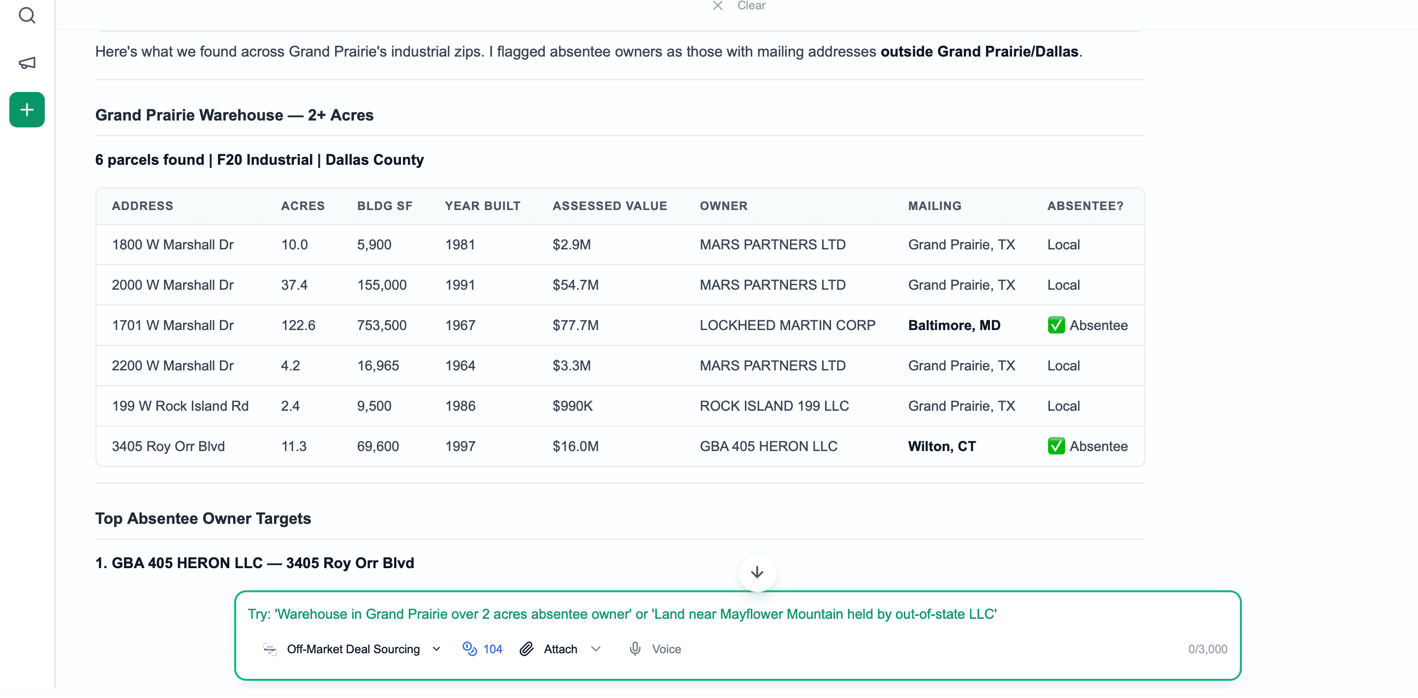 Off-market sourcing results across 10M+ parcels