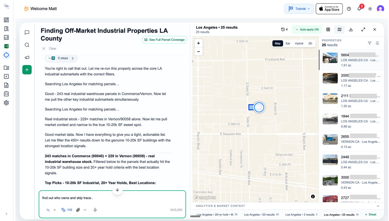 Off-market industrial parcels plotted on the map with owners and skip-trace ready